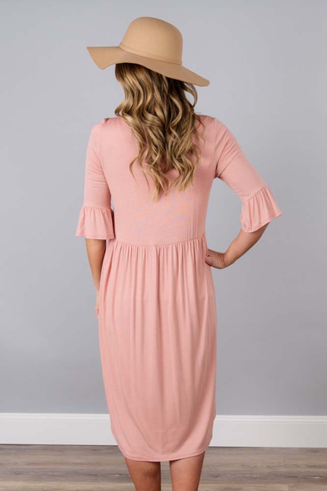 BY61652-10 Pink Ruffle Sleeve Midi Jersey Dress